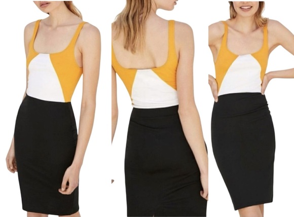 Zara Black Gold White Colorblock Bodycon Jersey Dress MEDIUM Chic Modernist NWT - Picture 1 of 6